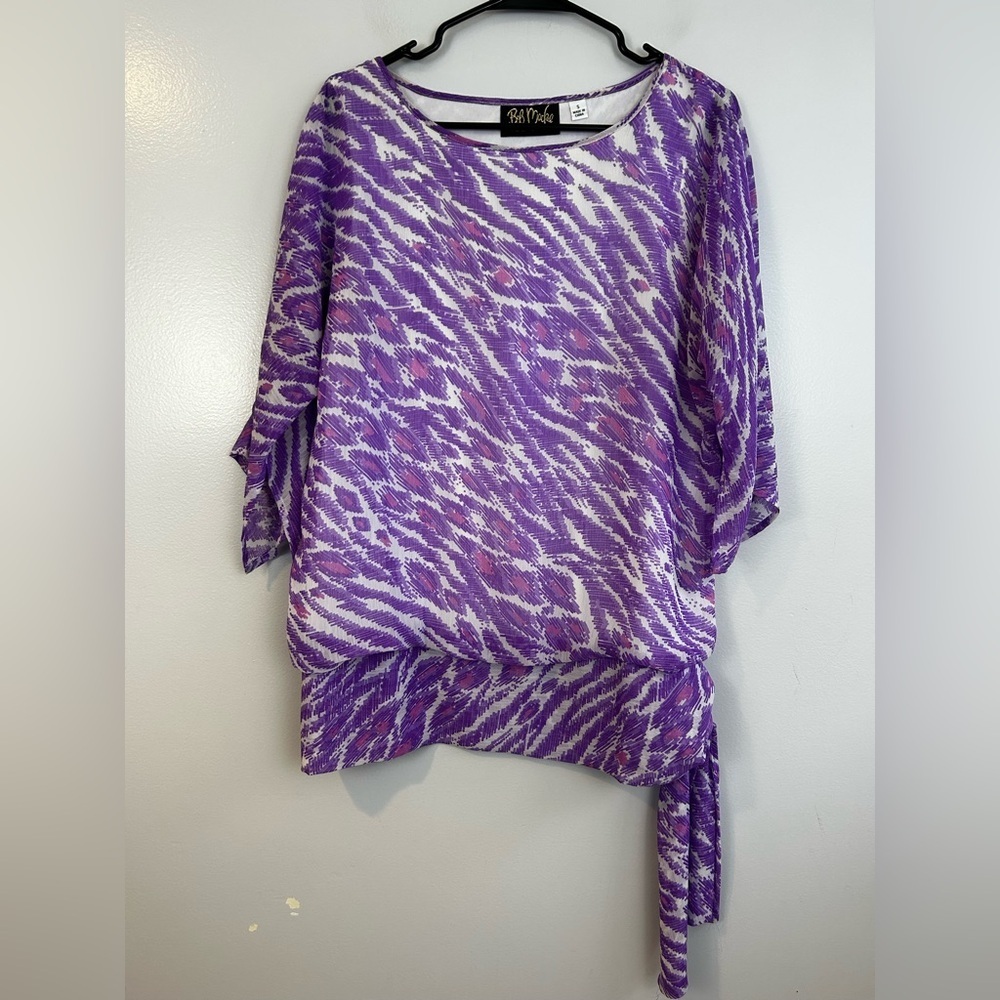 Bob Mackie Purple Anima Print Lightweight Bell Sleeve Blouson Blouse Size Small